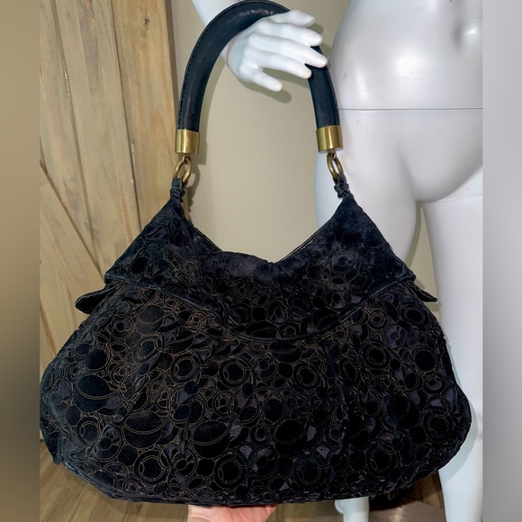 Spectacular lVintage R&Y Augousti black suede leather bronze handbag larg…